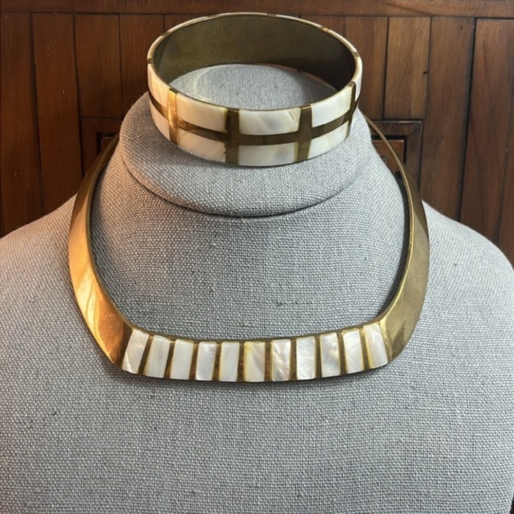 Vintage Brass Choker and Bracelet Set with Mother of Pearl Shell Inlay